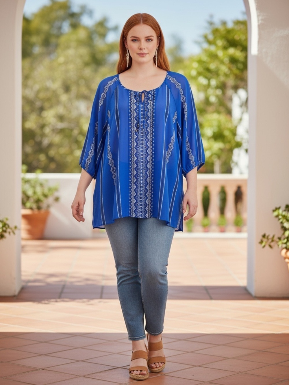 Catherines Plus Size 22/24 2X Blue Printed Tie-Neck Peasant Tunic - Picture 2 of 7